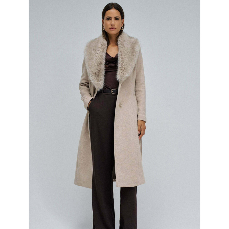 Manteau long chiné en laine et fausse fourrure beige femme - Salsa