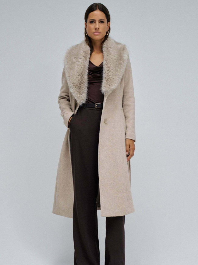 Manteau long chiné en laine et fausse fourrure beige femme - Salsa