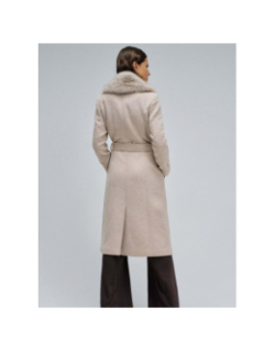 Manteau long chiné en laine et fausse fourrure beige femme - Salsa