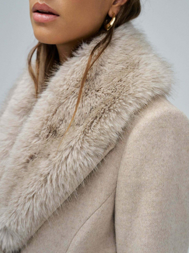 Manteau long chiné en laine et fausse fourrure beige femme - Salsa