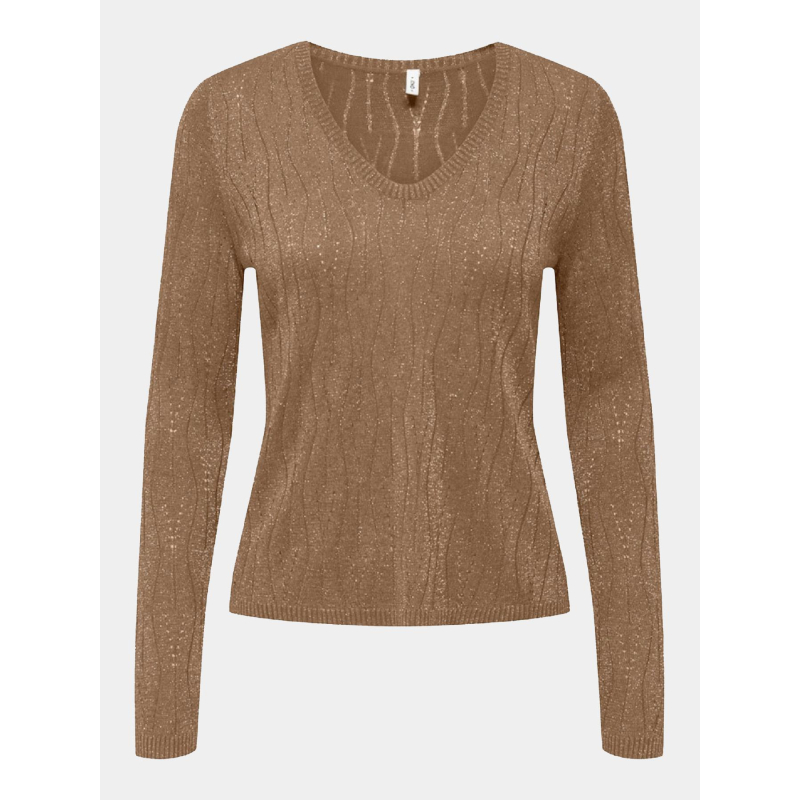 Pull fin en maille brillant à col v marron femme - Only