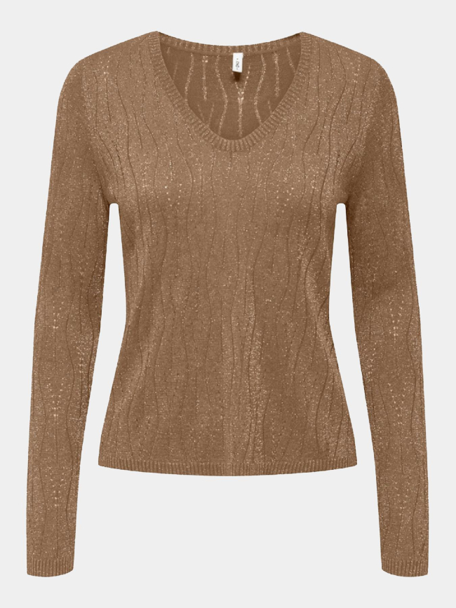 Pull fin en maille brillant à col v marron femme - Only