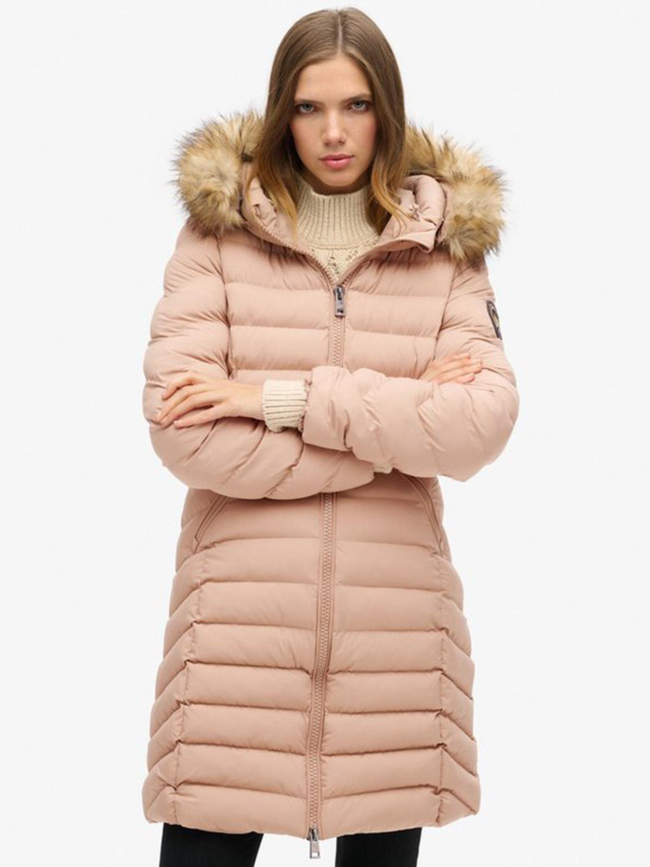 Doudoune mi-longue à capuche fuji beige femme - Superdry
