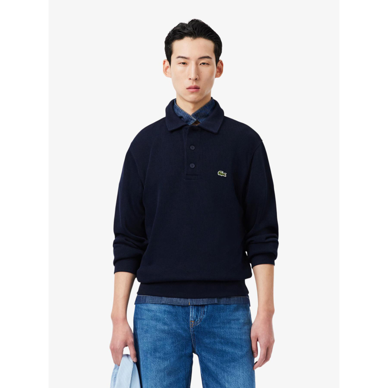 Sweat à col polo en coton côtelé bleu marine homme - Lacoste