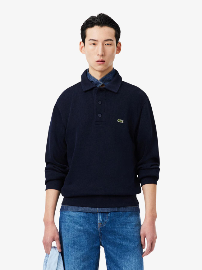 Sweat à col polo en coton côtelé bleu marine homme - Lacoste
