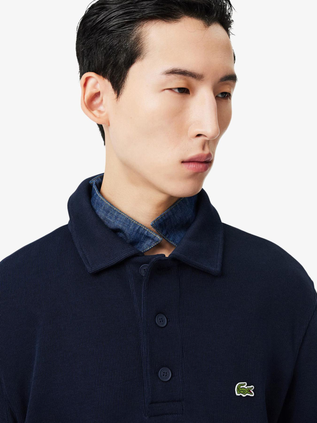 Sweat à col polo en coton côtelé bleu marine homme - Lacoste